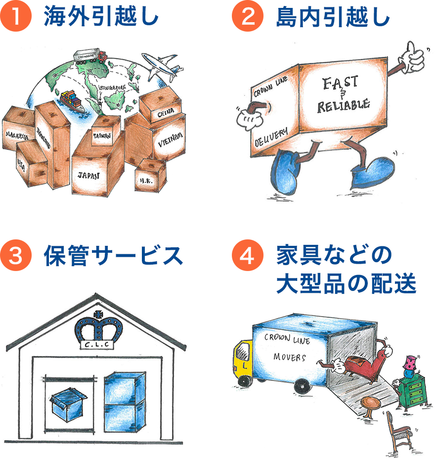 ①海外引越し②島内引越し③保管サービス④家具大型品の配送
